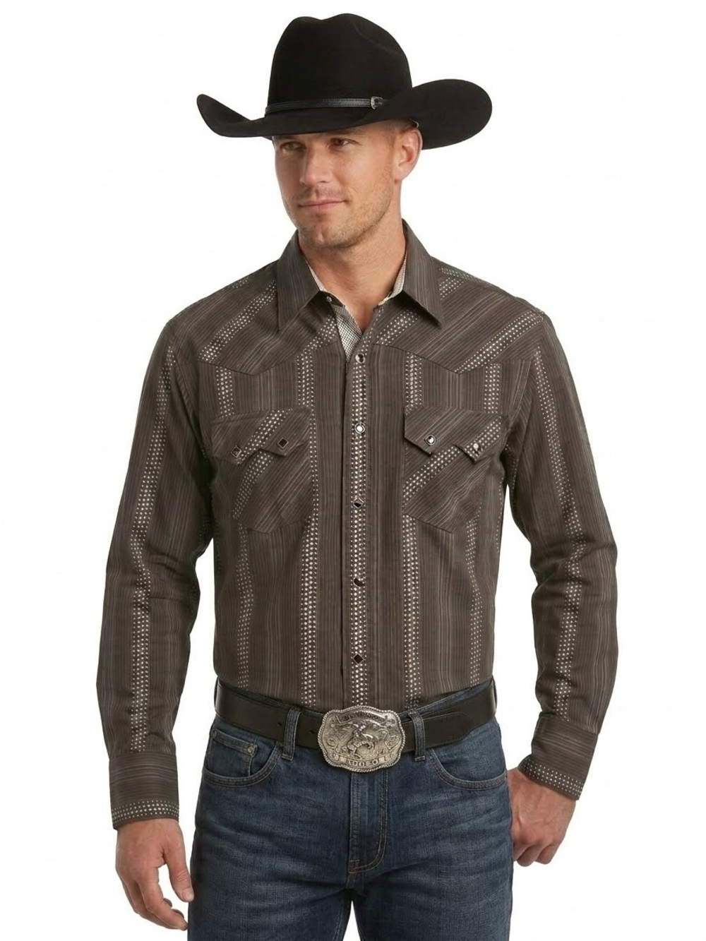 Maxini Gray Vintage Striped Perforated Western Snap Shirt Size M